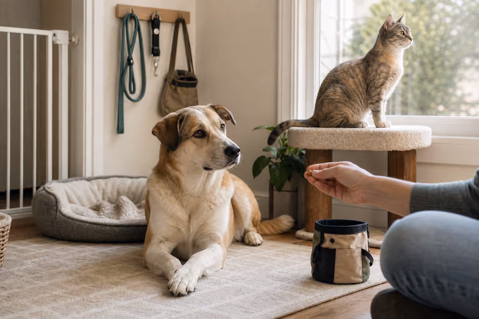 A calm dog and cat in a home setup with a pet gate, bed, treat pouch, and relaxed body language.