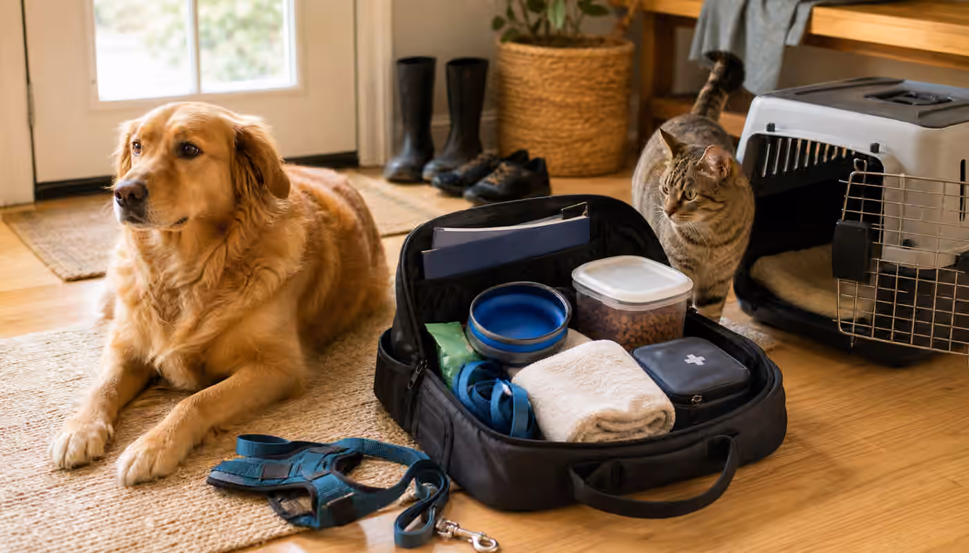 A calm dog and cat beside a carrier, harness, water bowl, food container, towel, and pet emergency bag near a doorway.