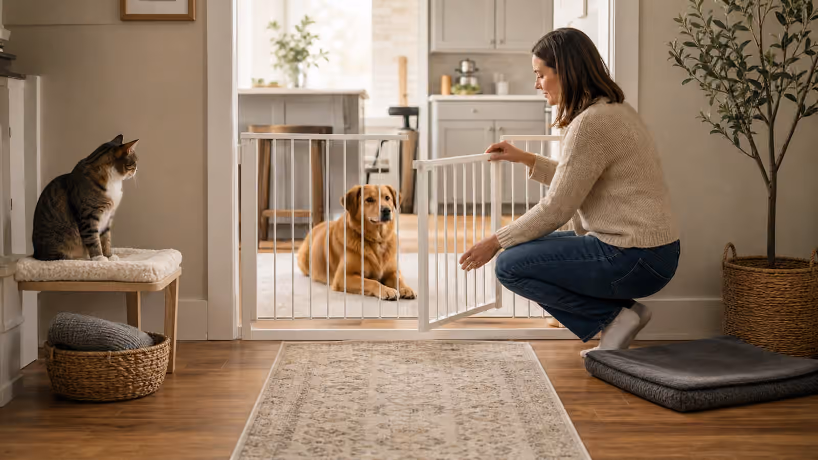 A dog resting calmly behind a pet gate while a cat watches from a perch and a person opens the gate partway.