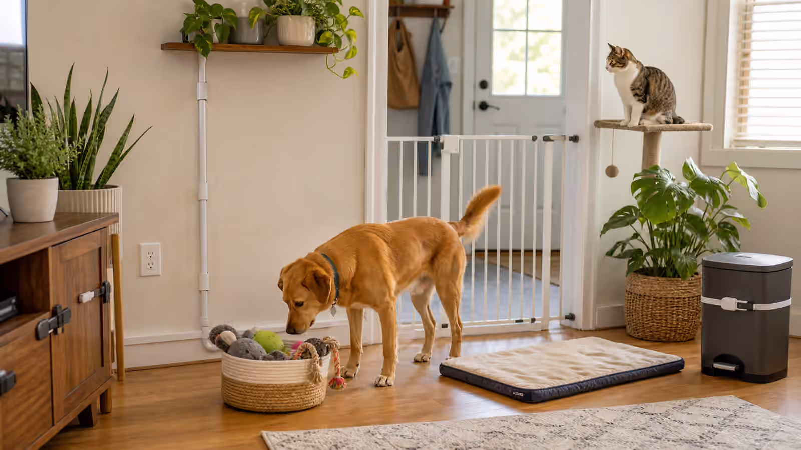 A pet-proofed living room with a gate, cord covers, closed trash bin, toy basket, washable mat, dog, and cat perch.