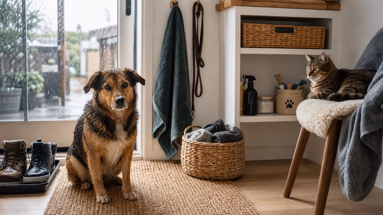 A rainy entryway routine with a wet dog, a cat on a perch, towels, leash, boots, and pet cleaning supplies.
