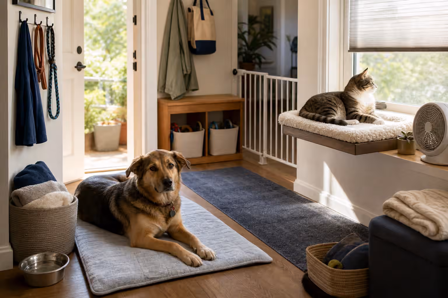 A calm dog and cat home setup with a shaded window, water bowl, towels, leash hook, fan, blanket, and washable entry mat.