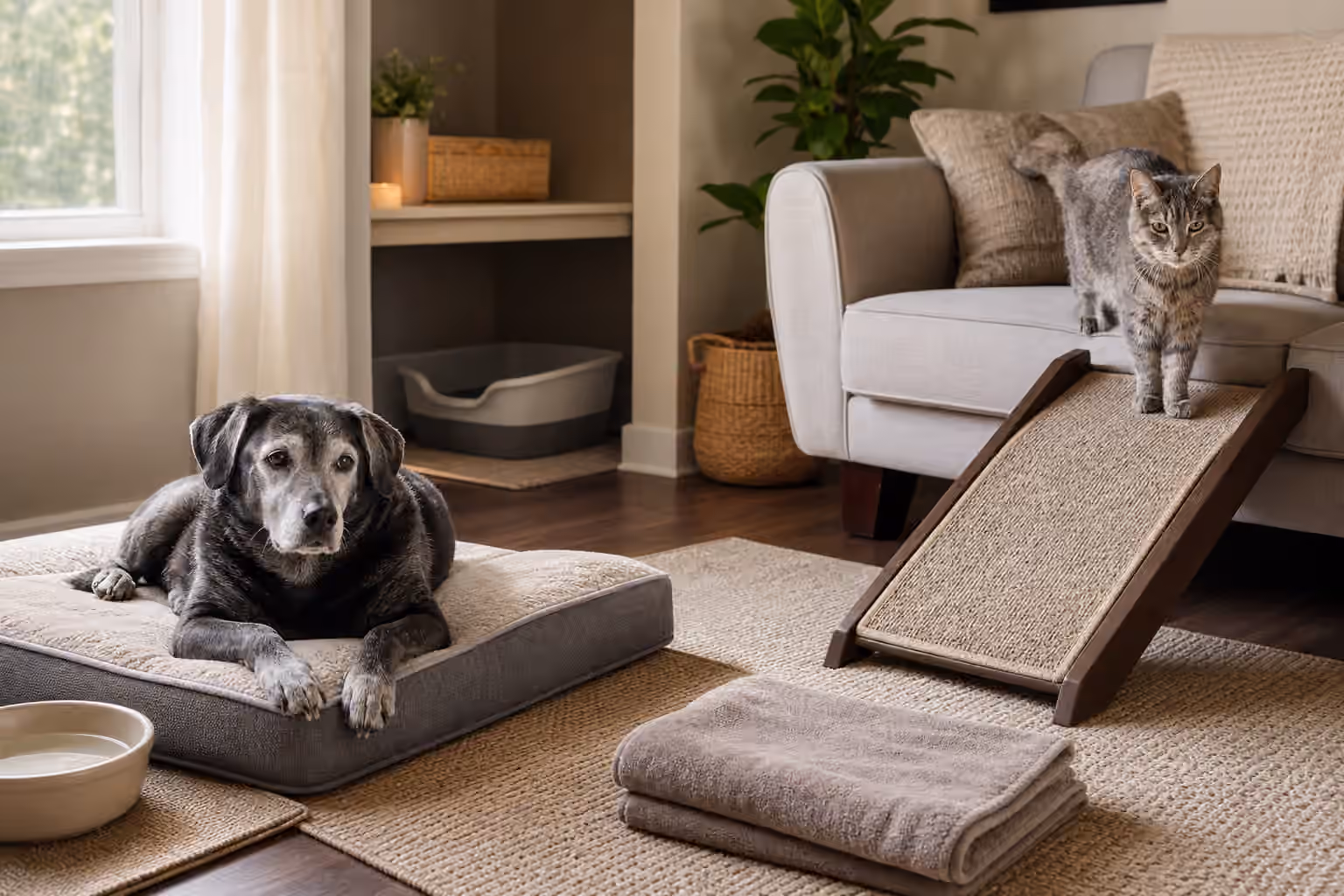 A senior dog and older cat in a comfortable room with non-slip rugs, a low bed, shallow water bowl, ramp, towel, and low-sided litter box.