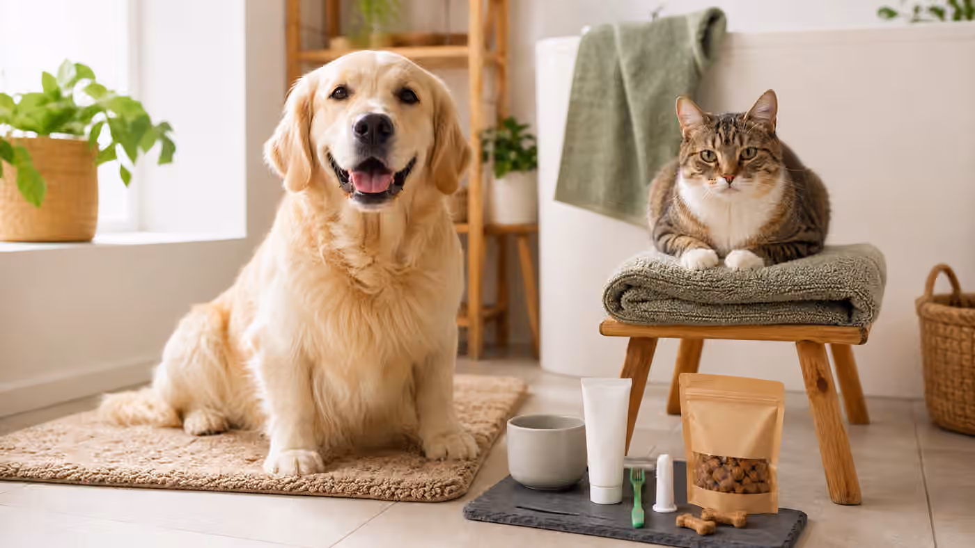 A dog and cat near a calm tooth-brushing setup with towels, pet toothbrushes, a finger brush, treats, and a low mat.