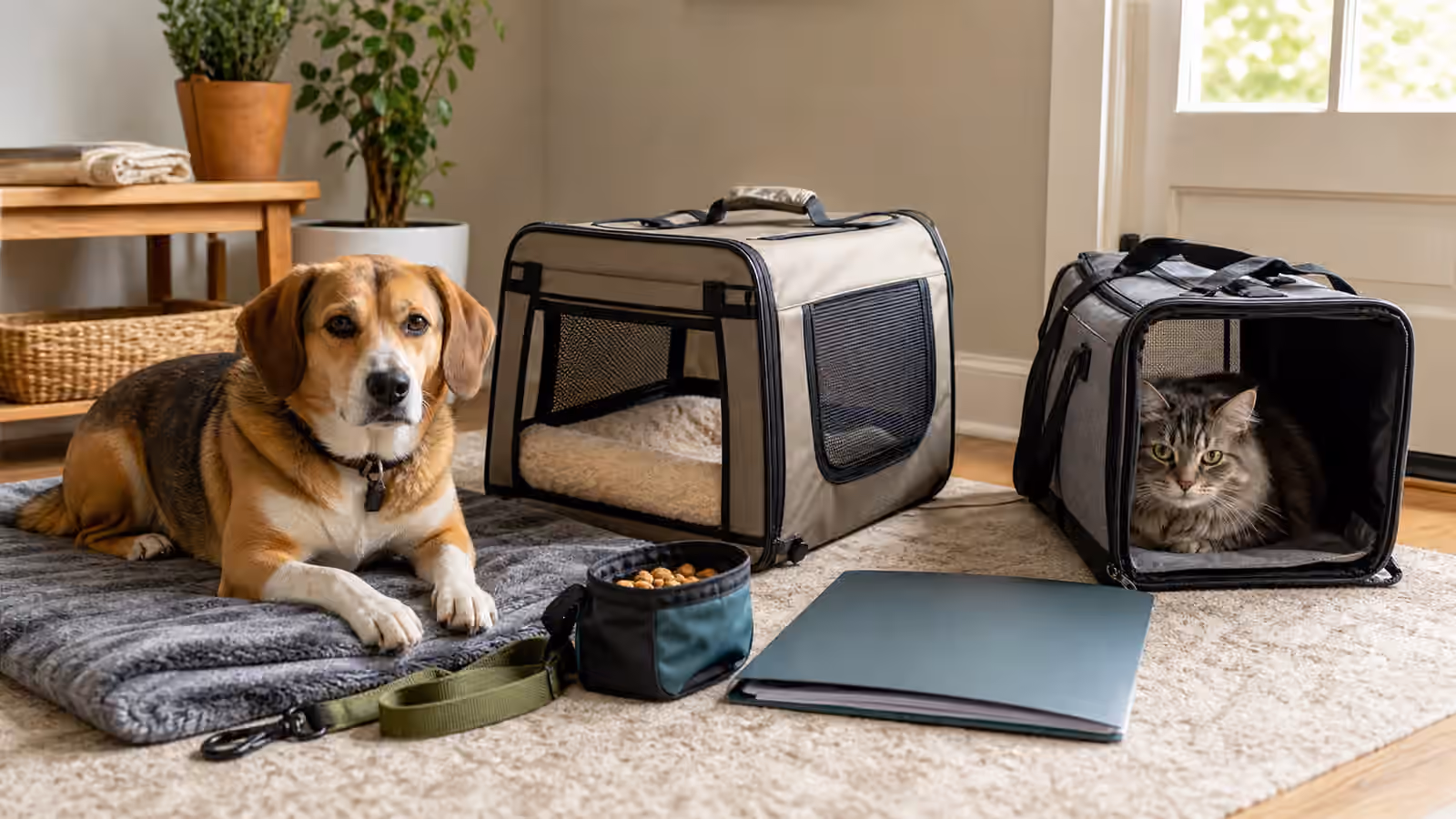 A calm dog and cat near carriers, a mat, treats, leash, and pet records folder before a vet visit.