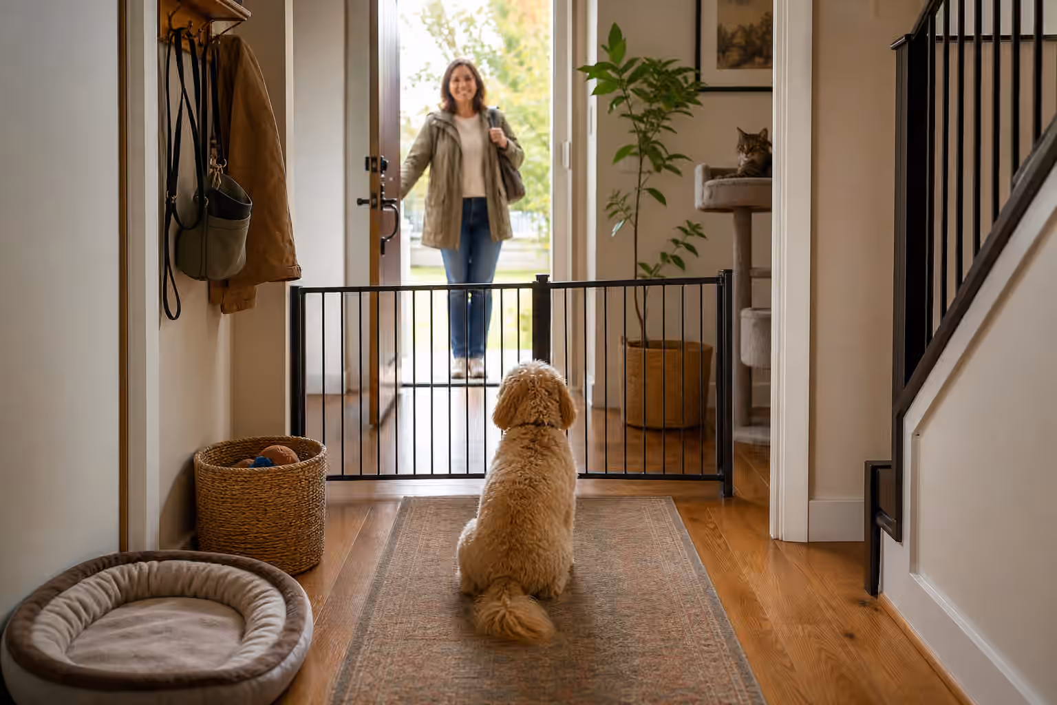 A calm doorway setup with a dog behind a pet gate, a visitor at the door, leash hooks, a toy basket, and a cat perch.