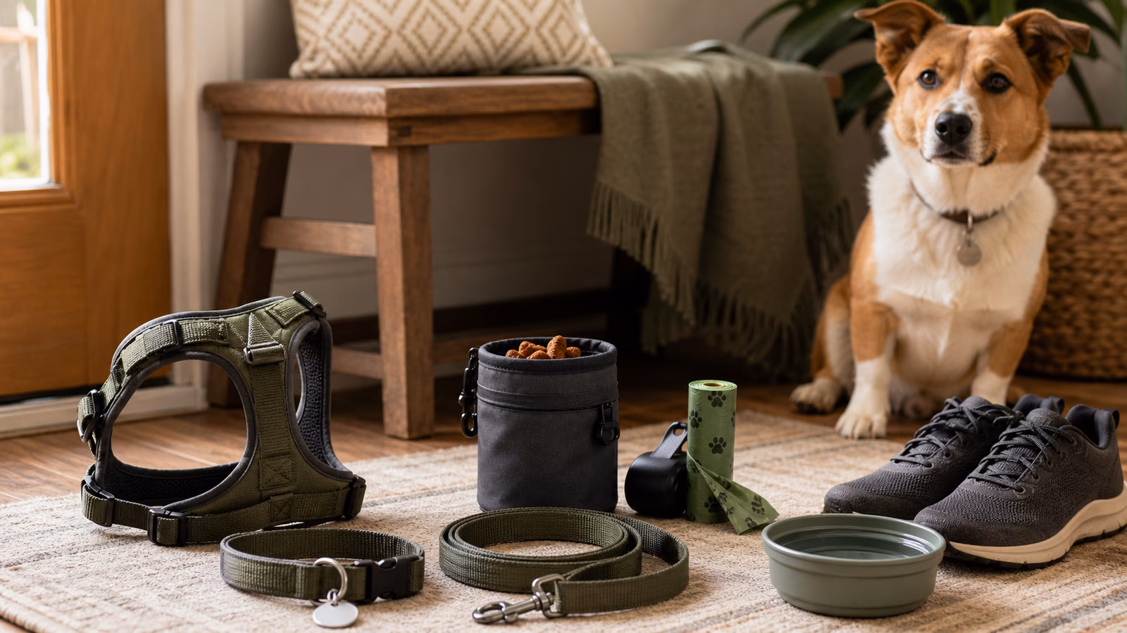 A dog walking gear setup with a harness, flat collar, leash, treat pouch, ID tags, and waste bags.