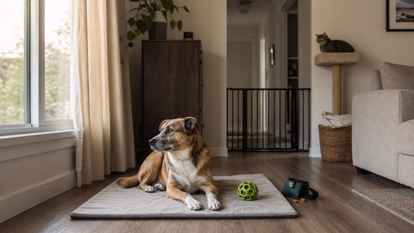 A dog resting on a mat near a curtained window with a hallway gate and cat perch in the background.