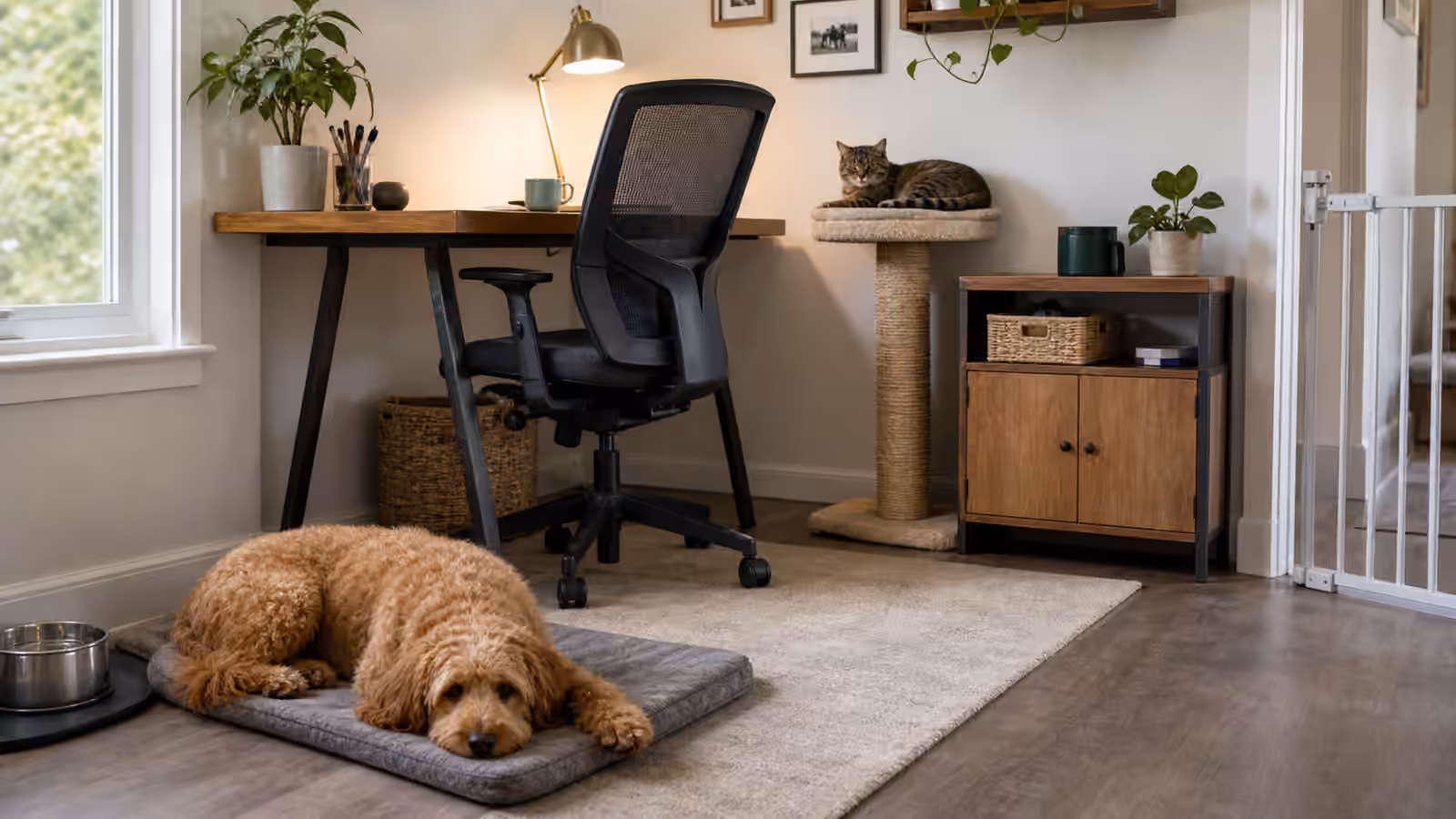 A home office with a dog resting on a mat, a cat on a perch, and a pet gate near the doorway.