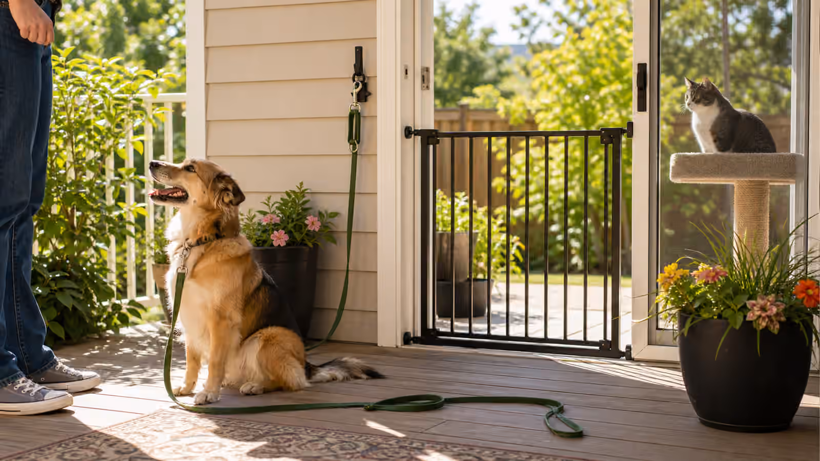 A supervised dog on a long line near a closed porch gate while a cat watches from a secure indoor perch.