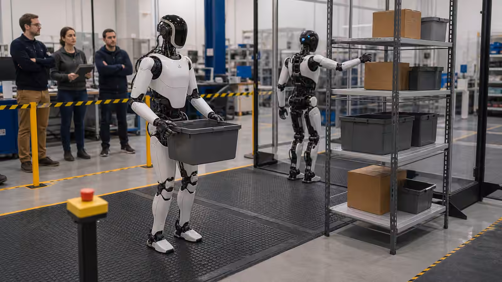 A practical humanoid robot workcell with simple bin carrying, shelf reaching, safety mats, and observers behind a boundary