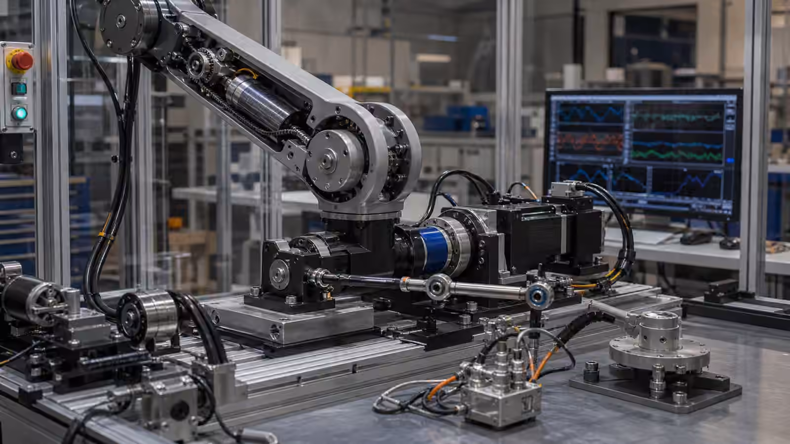 A robotics lab test rig with exposed electric actuators, belts, linkages, torque sensors, and guarded motion hardware