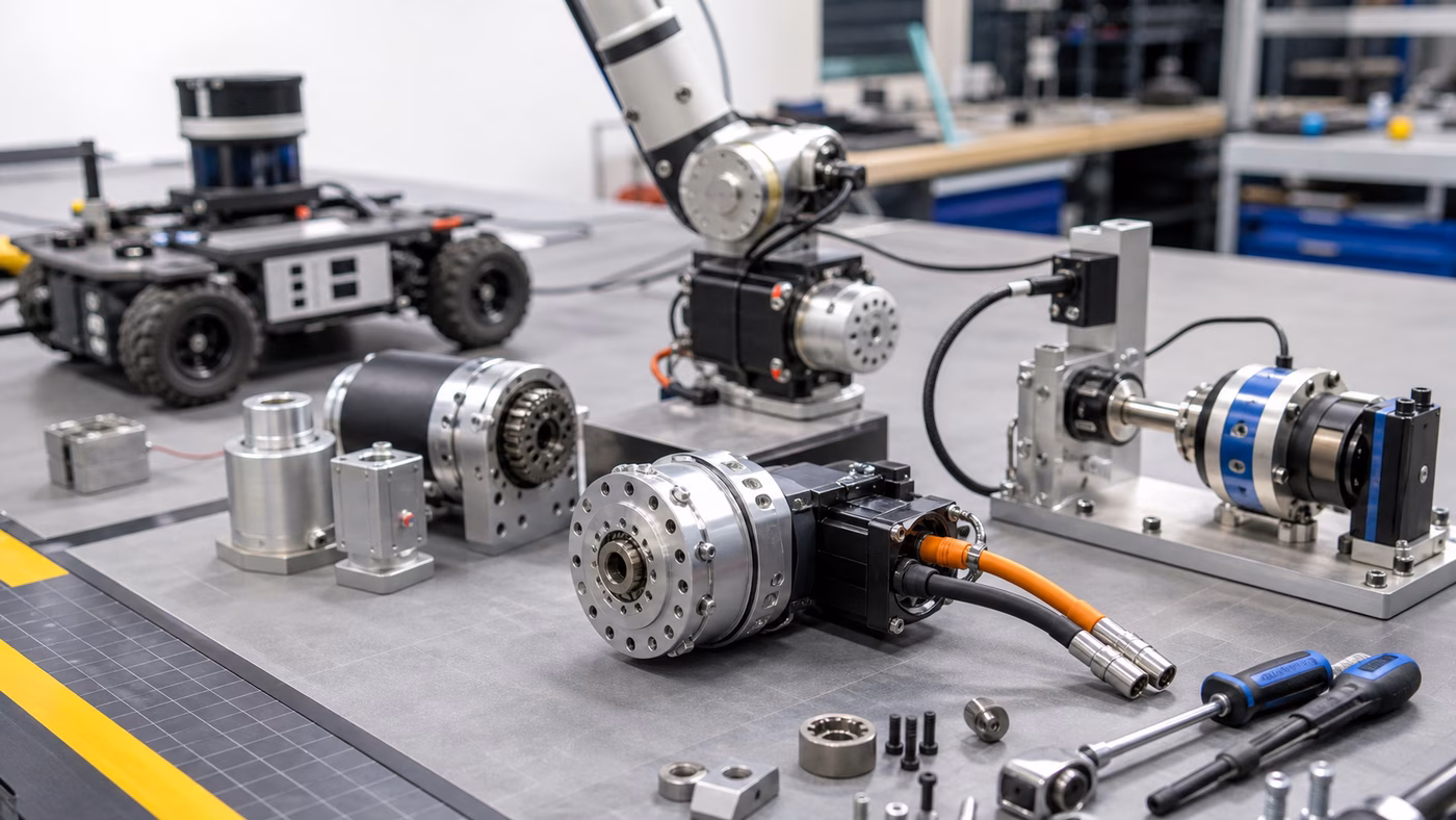A robotics lab bench with electric actuator modules, a robot arm joint, torque test rig, tools, cables, and a mobile robot in the background.
