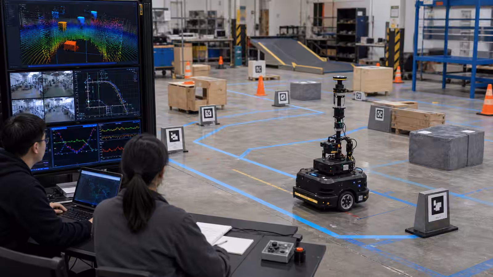 A mobile robot moves through a taped test lane while engineers watch perception, planning, and control displays