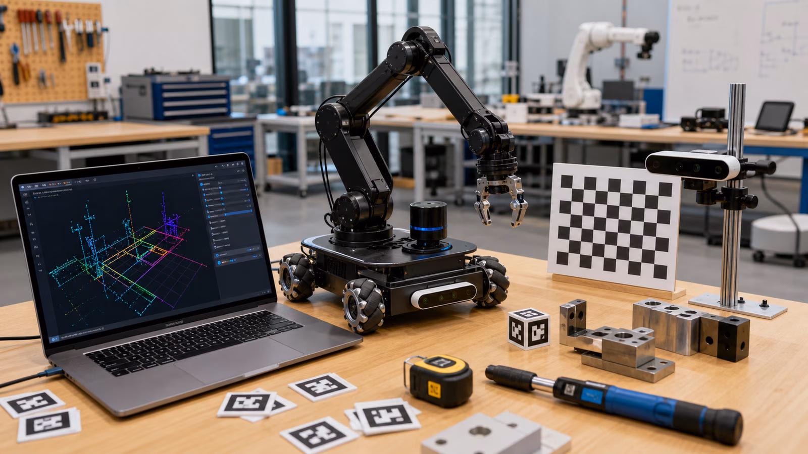 A robotics lab bench with a mobile robot arm, depth camera, lidar, checkerboard target, fiducial markers, precision blocks, and unreadable calibration diagnostics.