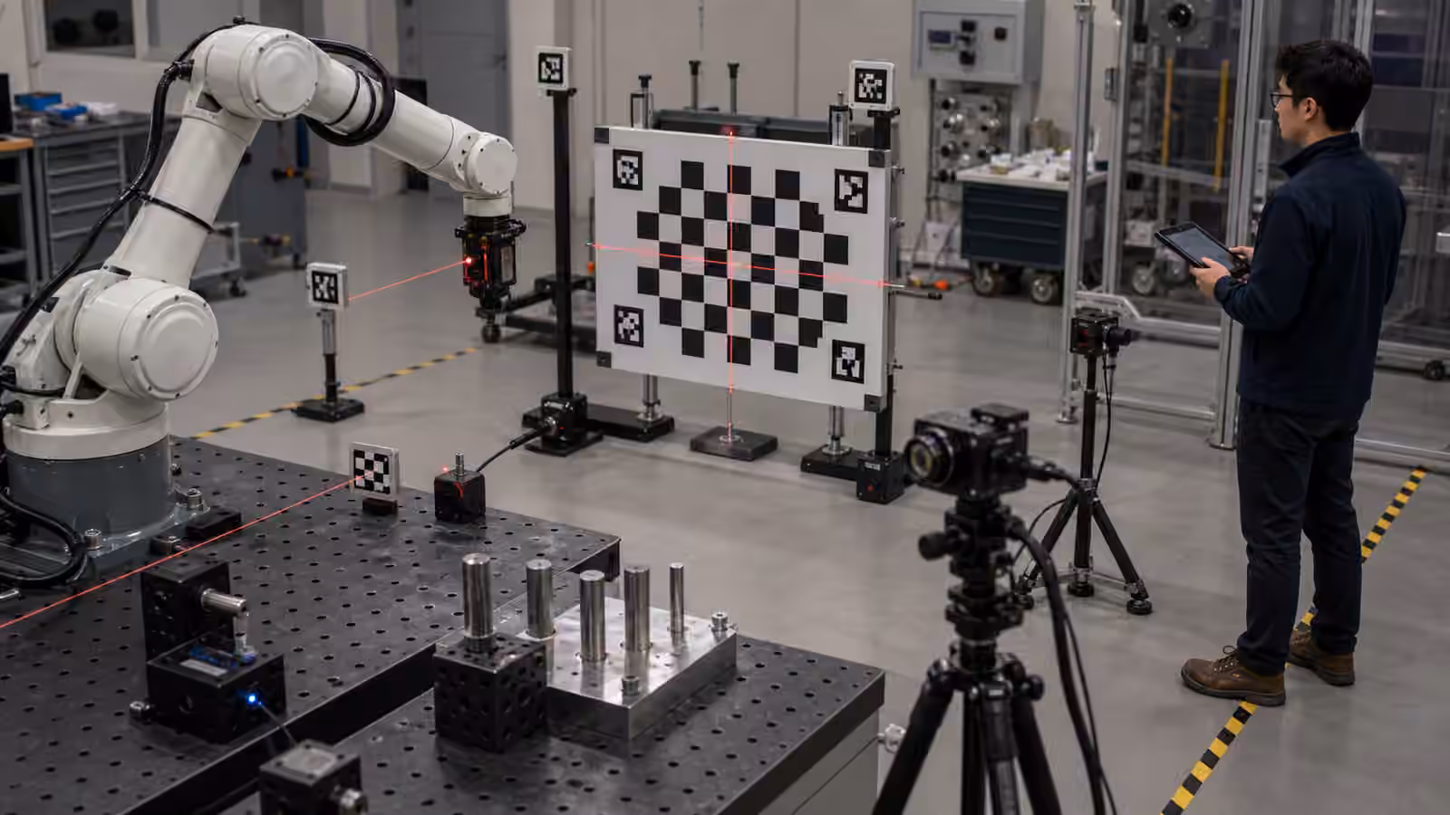 A robot arm faces checkerboard targets, fiducial markers, cameras, and measuring blocks during calibration