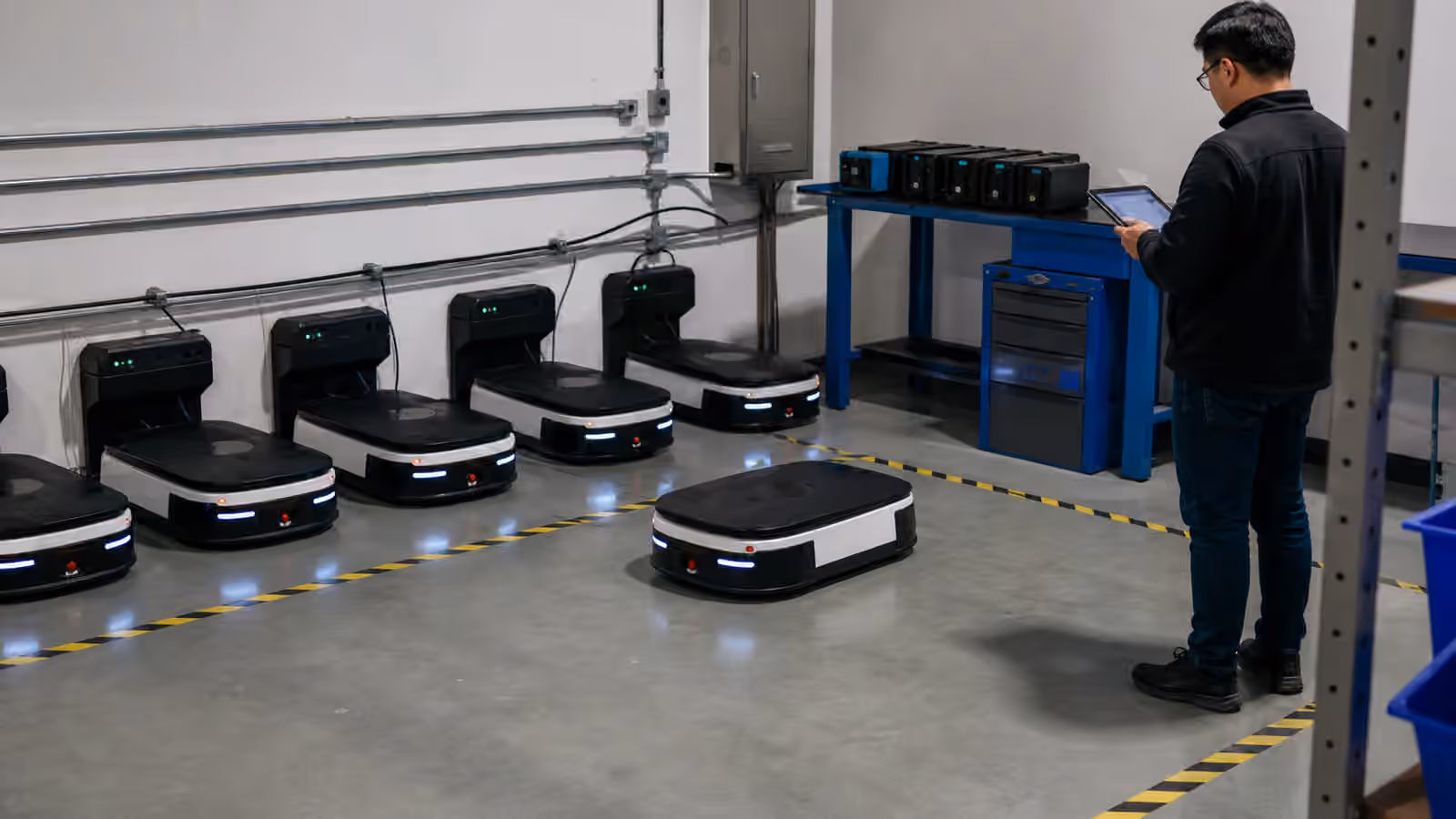 Autonomous robots charging at docks with spare battery modules