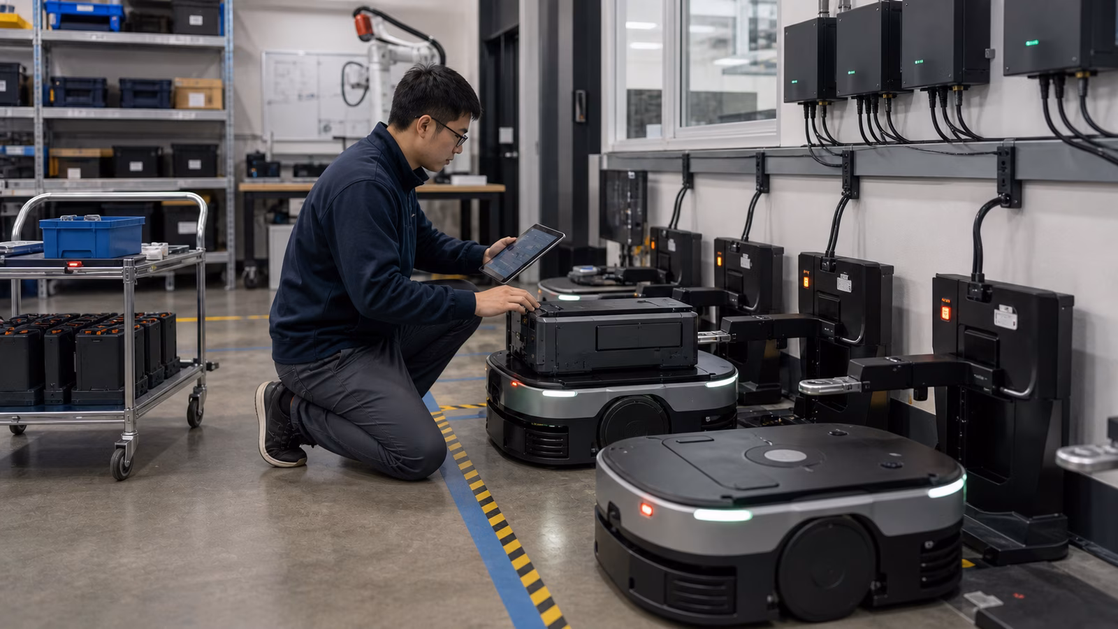 A technician checks a docked autonomous mobile robot and battery module beside charging docks, spare batteries, cable management, and floor markings.