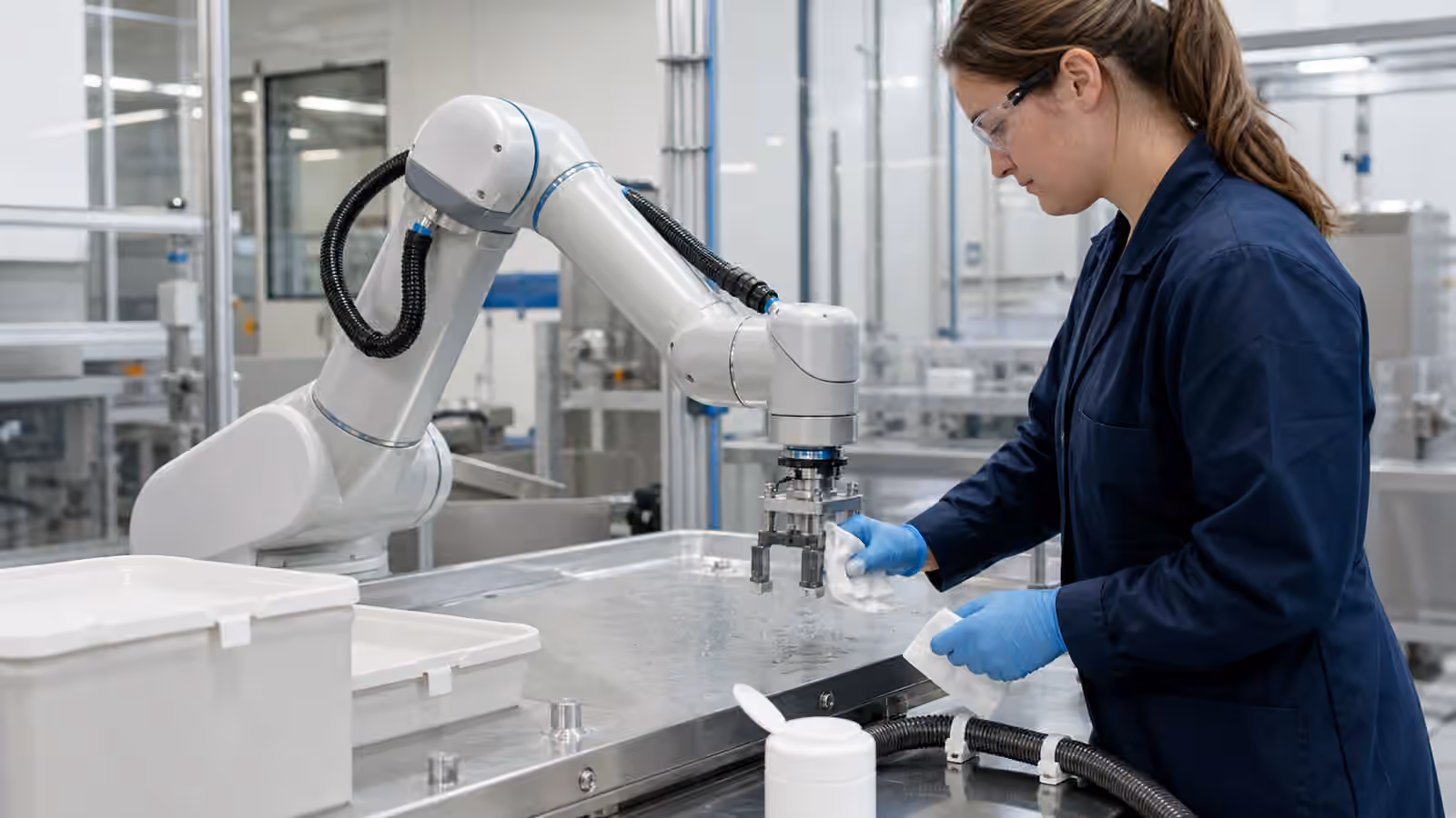 A technician cleaning a robot arm end-effector on a stainless work surface in a bright controlled workcell.