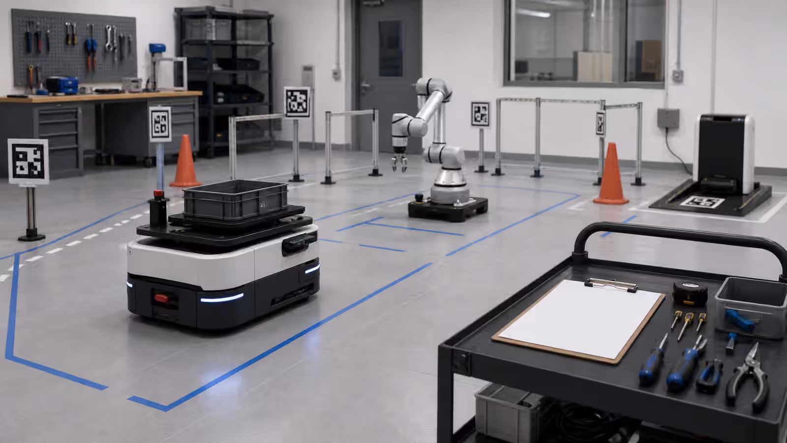 A mobile robot and robot arm in a taped commissioning lane with calibration boards, cones, a charging dock, tools, and a blank clipboard.