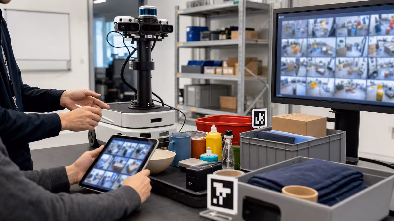 A robotics data curation bench with a sensor mast, object trays, calibration markers, and blurred perception thumbnails on a monitor.