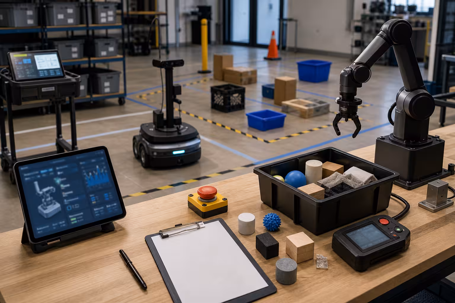 A robotics evaluation bench with a mobile robot, robot arm gripper, test objects, taped lanes, safety stop, unreadable diagnostics, and a blank clipboard.