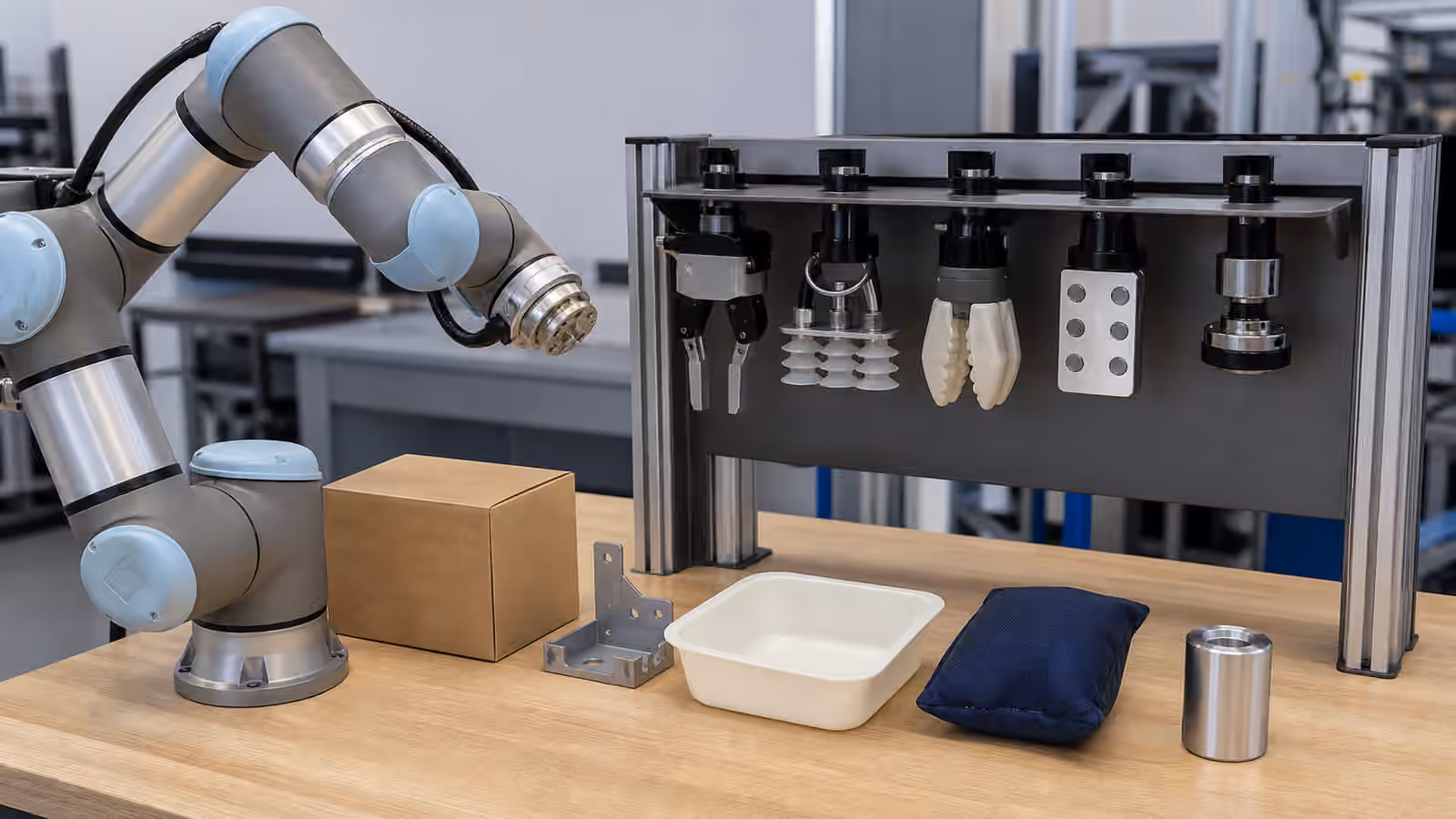A robot arm beside a rack of interchangeable end-effectors, suction cups, soft grippers, metal tooling, and test objects on a lab bench.
