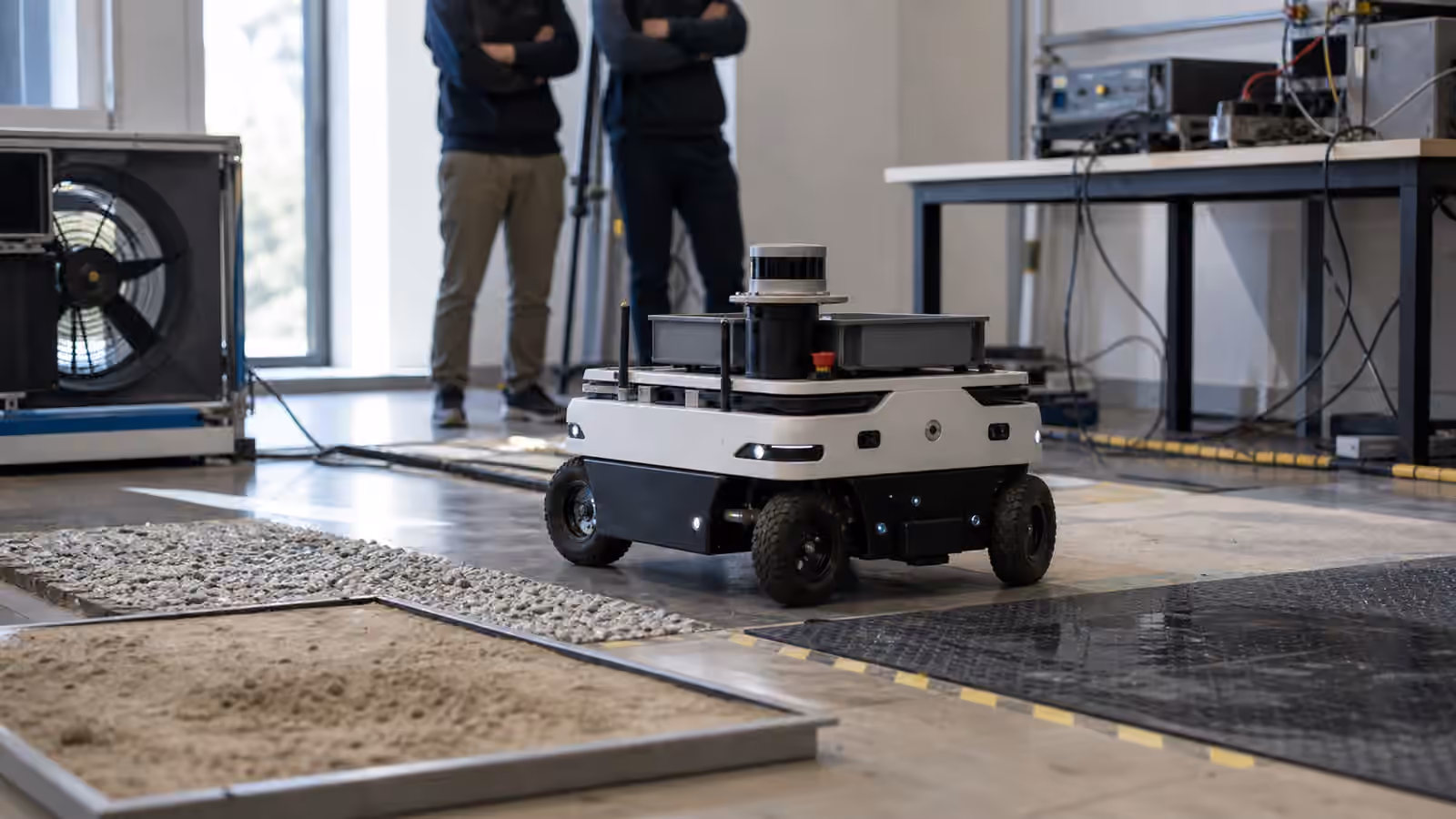 A compact mobile robot in a robotics test bay with varied floor strips, protected cables, dust fixtures, sensor covers, and engineers observing nearby.