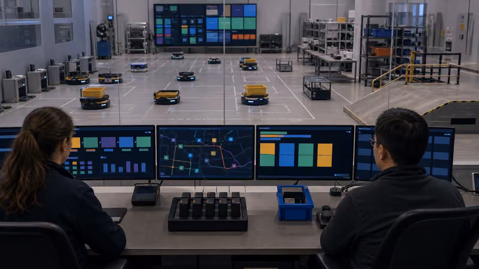 An operations room monitors several small warehouse robots, charging docks, route lanes, and fleet status displays