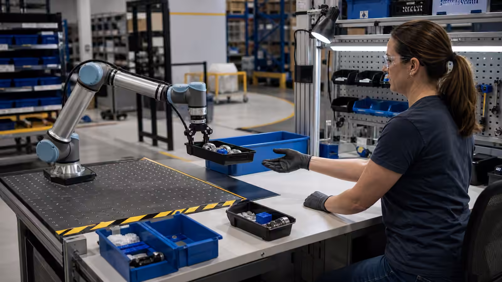 A robot arm presents a small parts tray to a worker at a marked handoff station with bins and task lighting