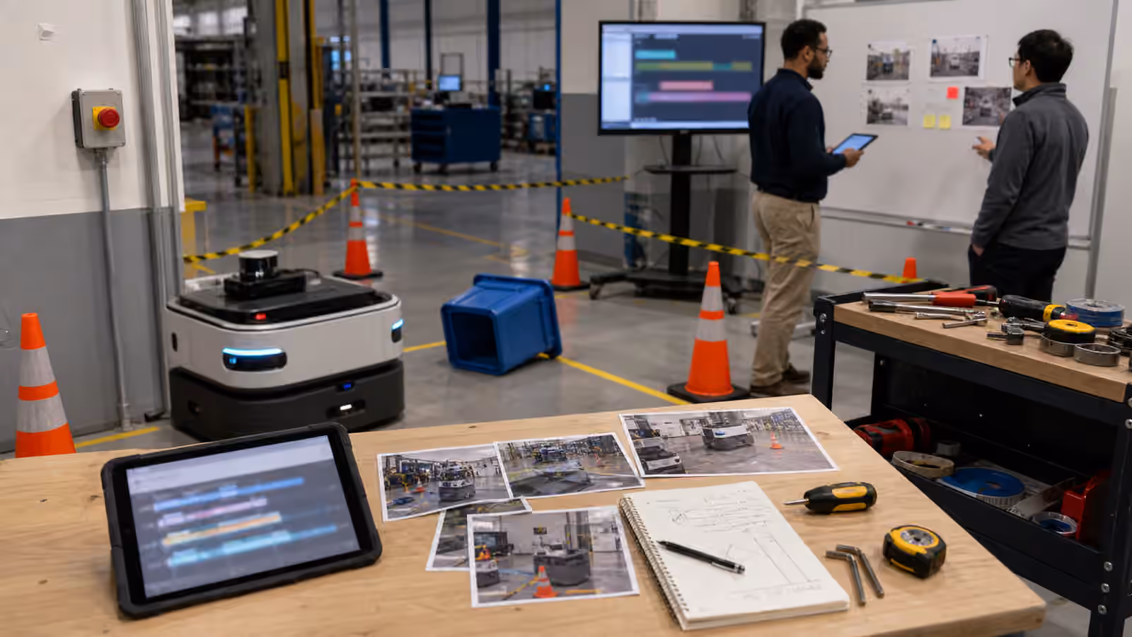 A robotics safety review bay with a stopped mobile robot, tipped empty tote, cones, blurred event timeline, service tools, and emergency stop.