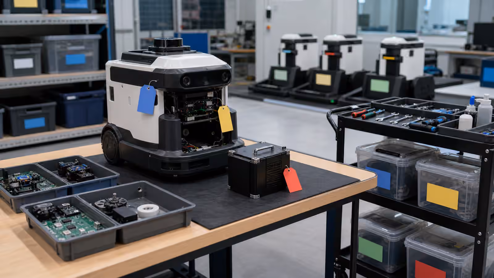 A compact service robot on a maintenance bench with a removed battery module, reusable parts in trays, blank colored tags, electronics bins, and a service cart.
