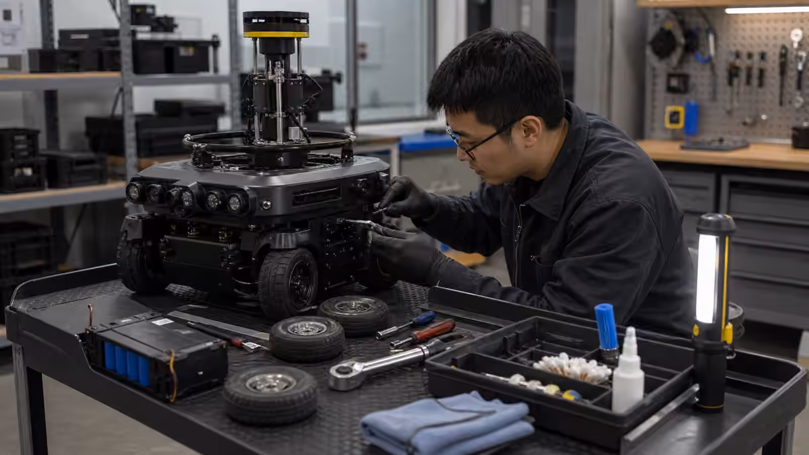 A technician inspects a compact service robot beside spare wheels, cleaning tools, a battery module, and an inspection light