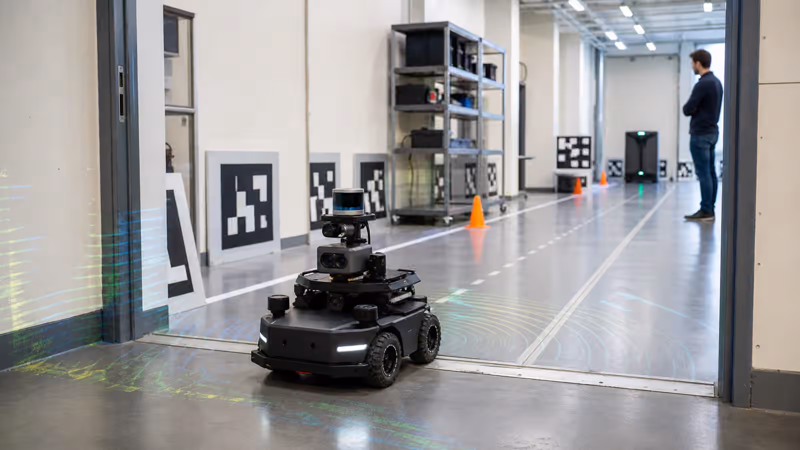 A compact mobile robot localizing in a lab test lane with lidar, cameras, fiducial boards, cones, shelves, and faint sensor visualization arcs.