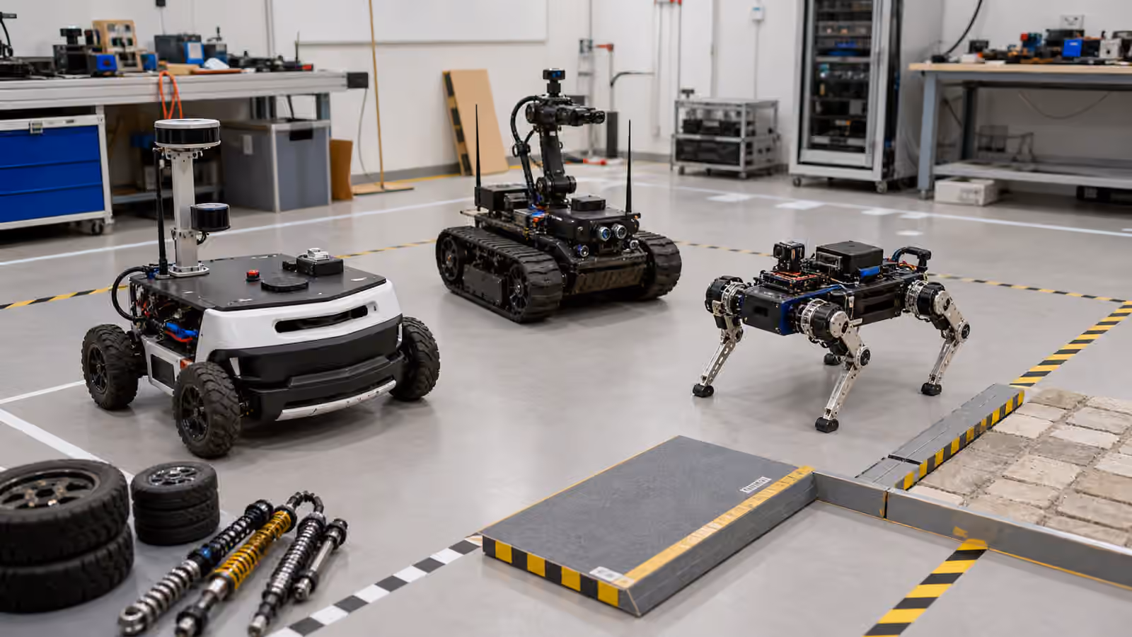 A robotics lab floor with wheeled, tracked, and legged robot mobility platforms near ramps, thresholds, spare wheels, and test equipment.