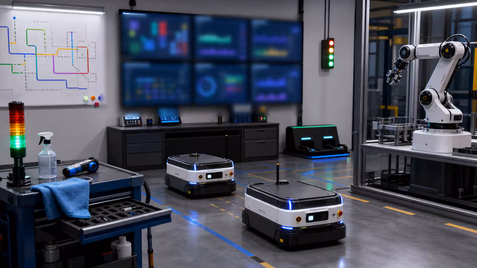 A robotics operations bay with two mobile robots, a robot arm, blurred monitoring screens, a service cart, status lights, route lines, and a charging dock.