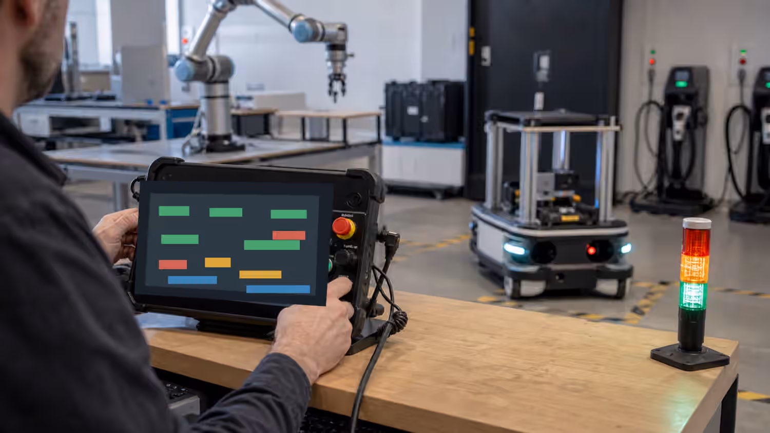 A robotics lab operator console beside a mobile robot, signal tower, robot arm, charging equipment, and safety-marked test area.