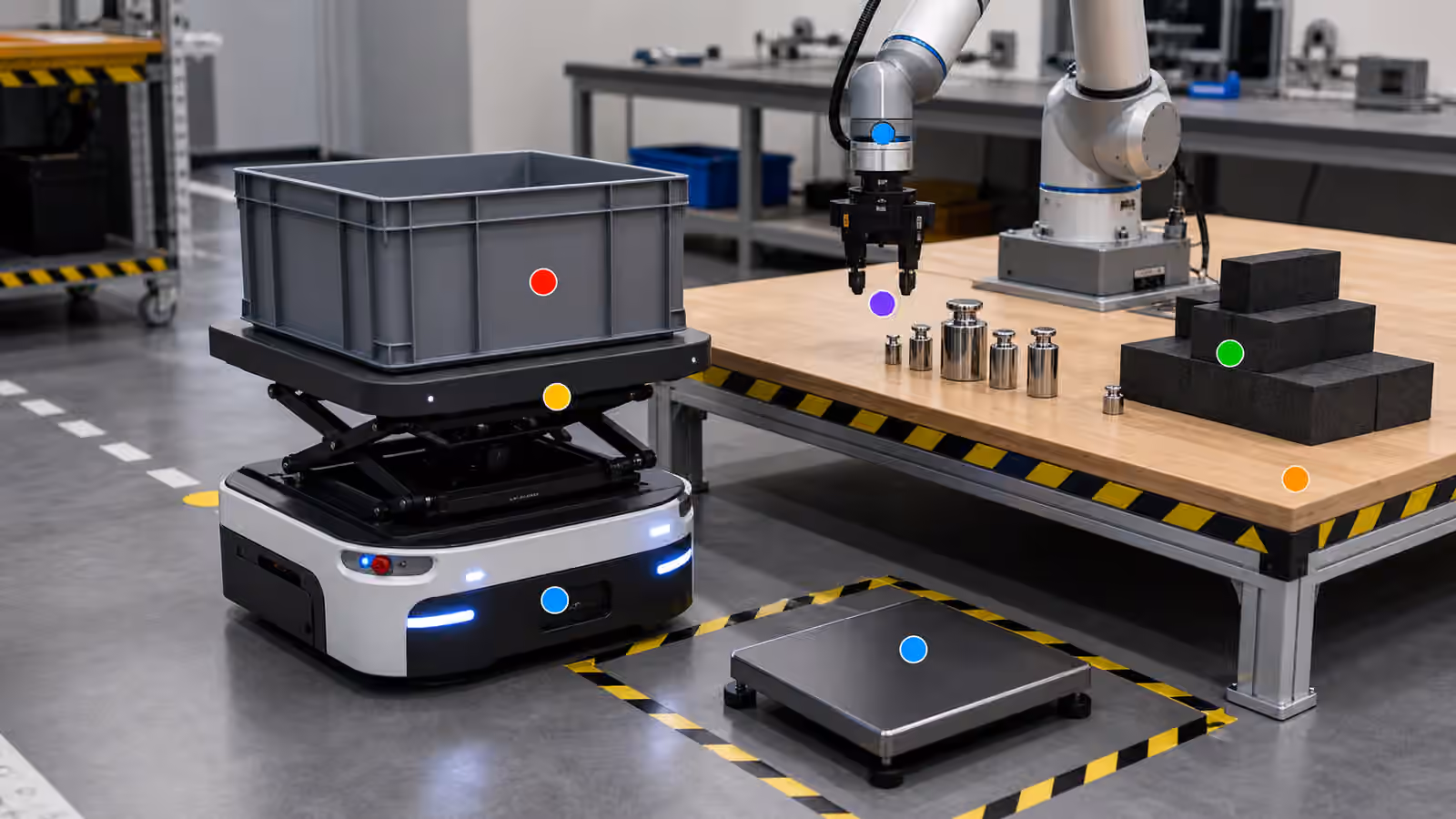 A mobile robot lift platform carrying a tote beside a robot arm, calibrated weights, foam load blocks, a floor scale, and safety-marked lab benches.