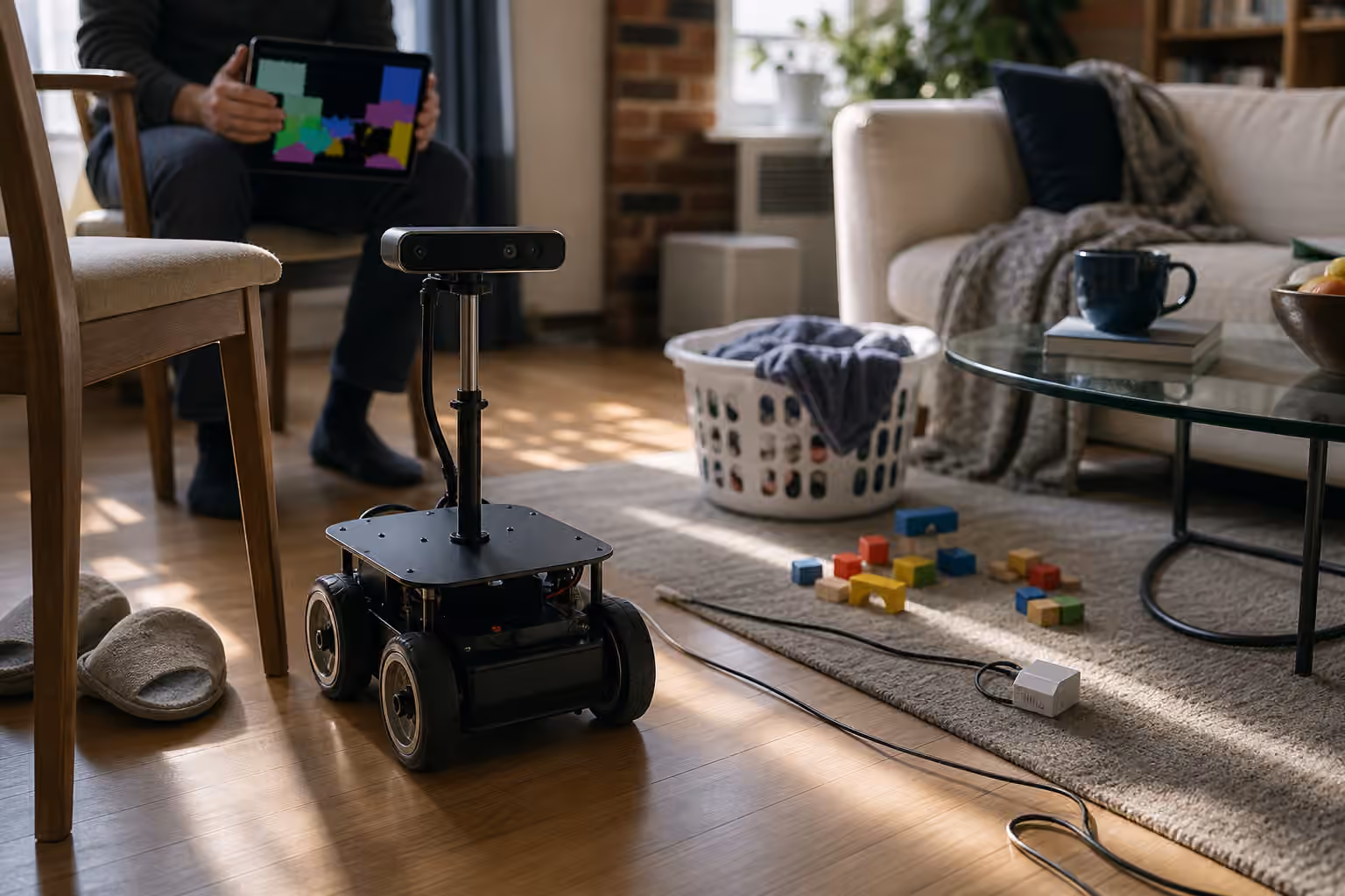 Home robot paused near clutter in a living room