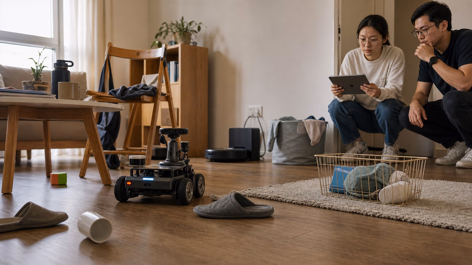 A small home robot testing platform navigating a cluttered apartment living room while engineers observe from a tablet.