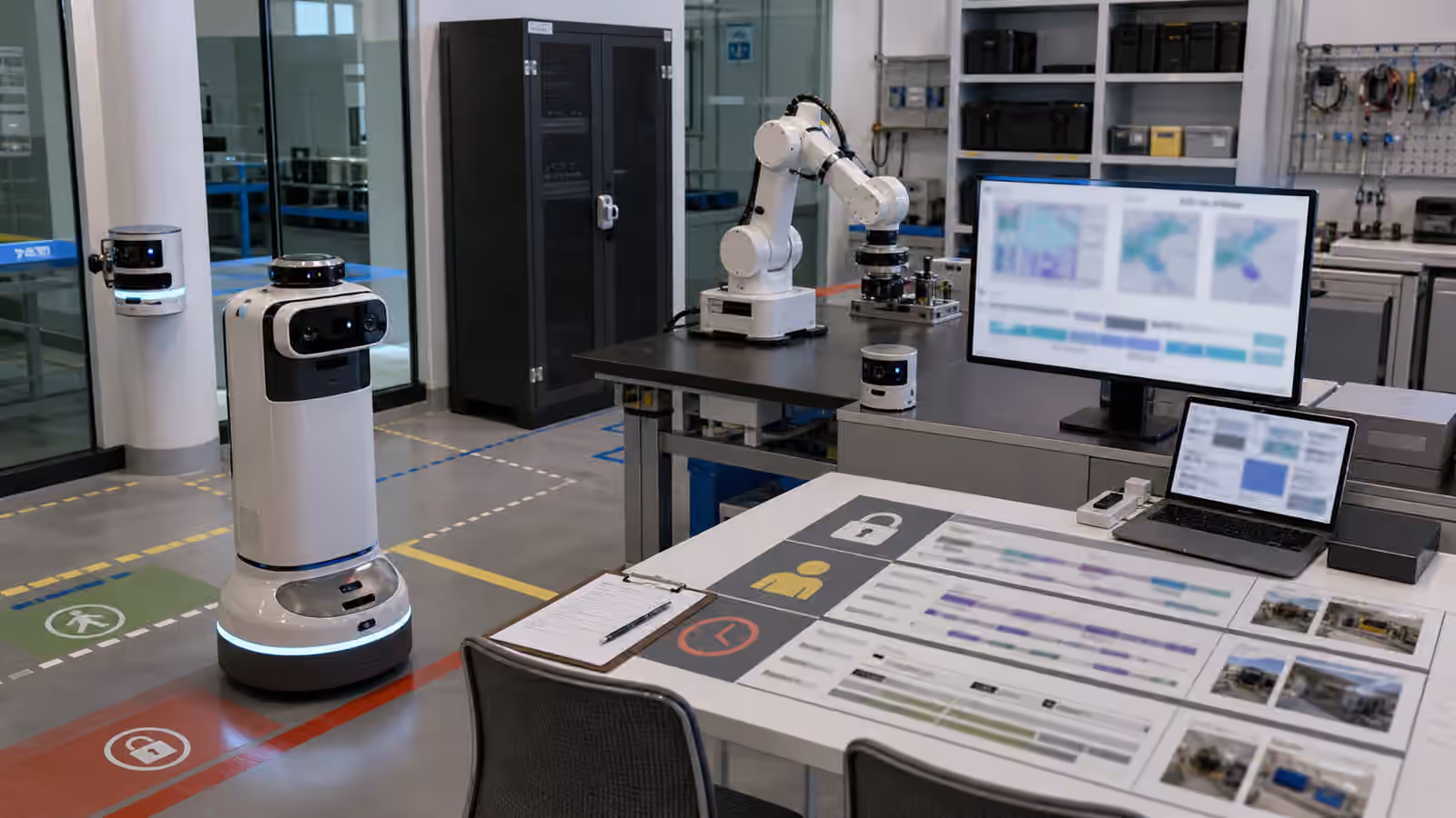 A robotics lab privacy review with a mobile robot, robot arm, locked cabinet, blurred monitoring displays, and access-control floor zones.