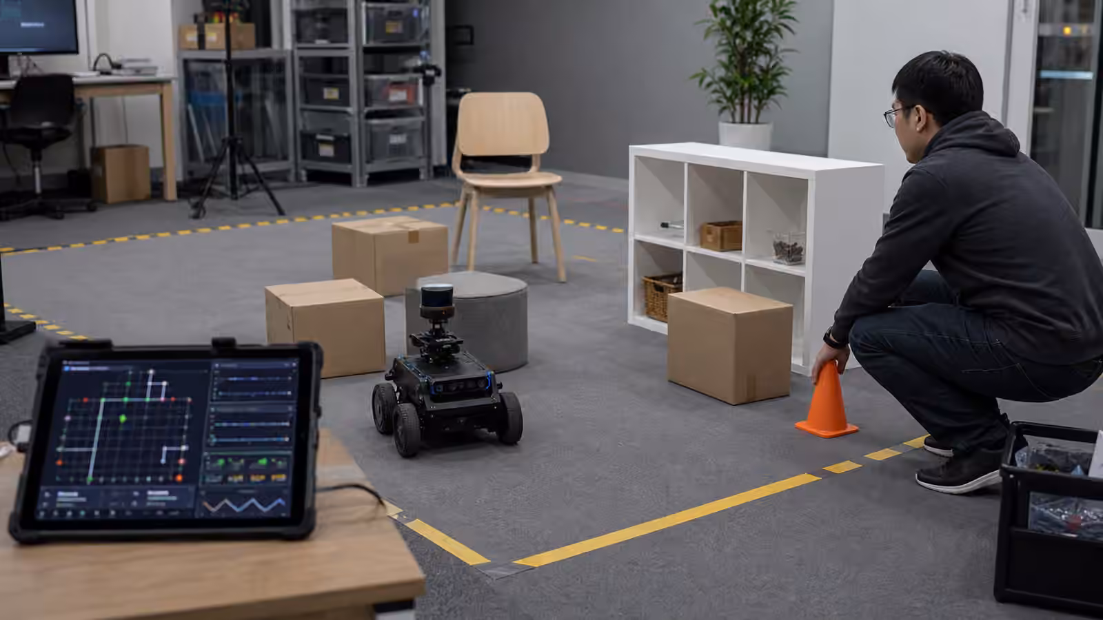 A small robot pauses at an obstacle in a safe test area while an engineer prepares to reset the scene