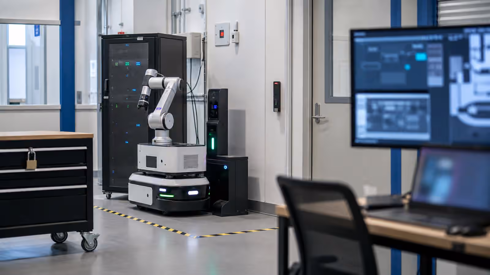 A mobile robot with an arm parked in a secured robotics lab beside a charging dock, network cabinet, locked cart, access control hardware, and blurred operator screens.