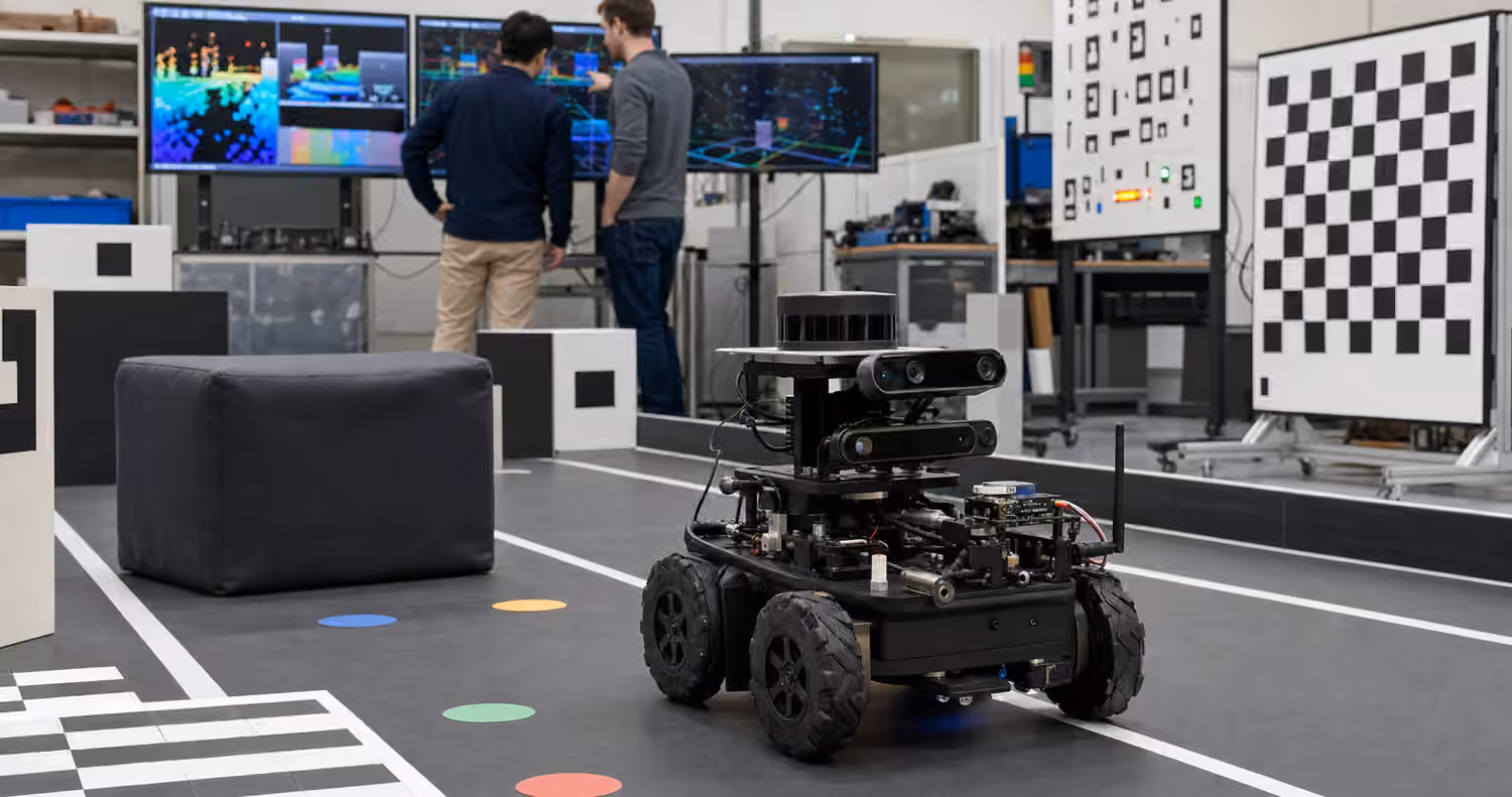 A mobile robot with cameras and lidar in a marked lab lane beside calibration boards, sensor monitors, and test obstacles.