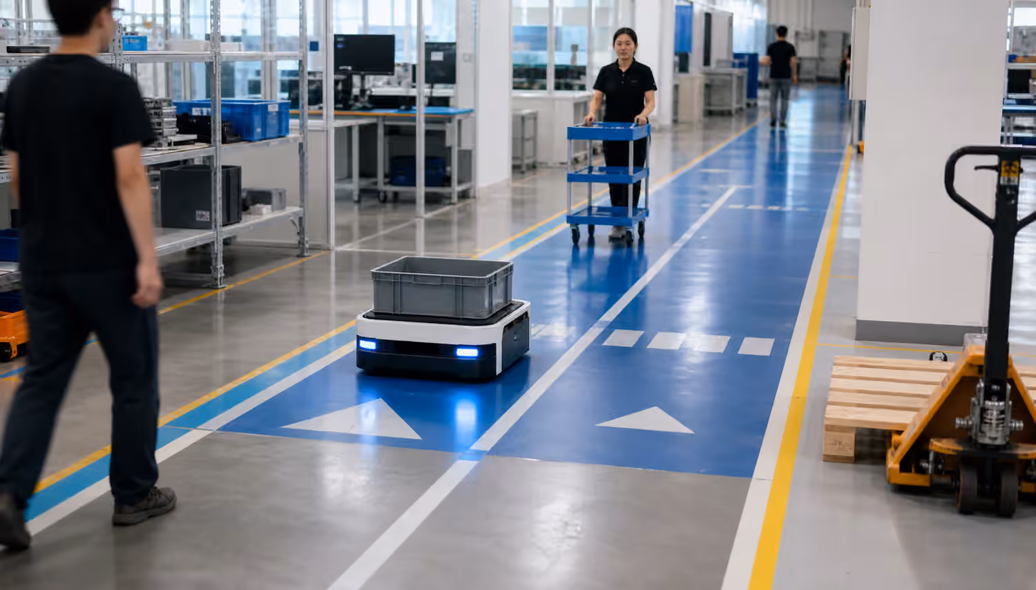 A compact mobile robot moving through a marked shared corridor with workers, carts, pallets, and clear floor lanes.