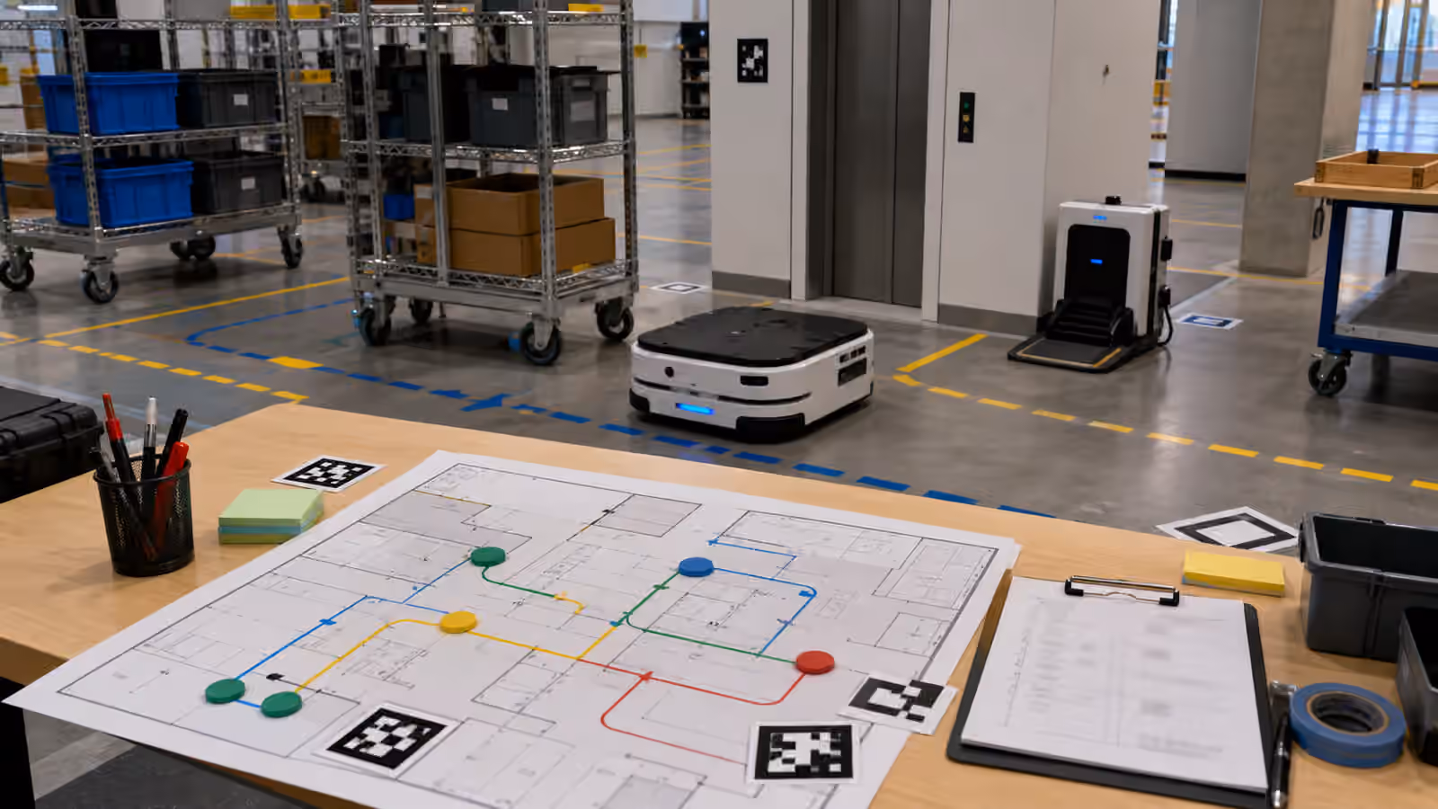 A facilities robotics planning table with a floor plan, route tokens, mobile robot, movable racks, charging dock, and elevator mockup.