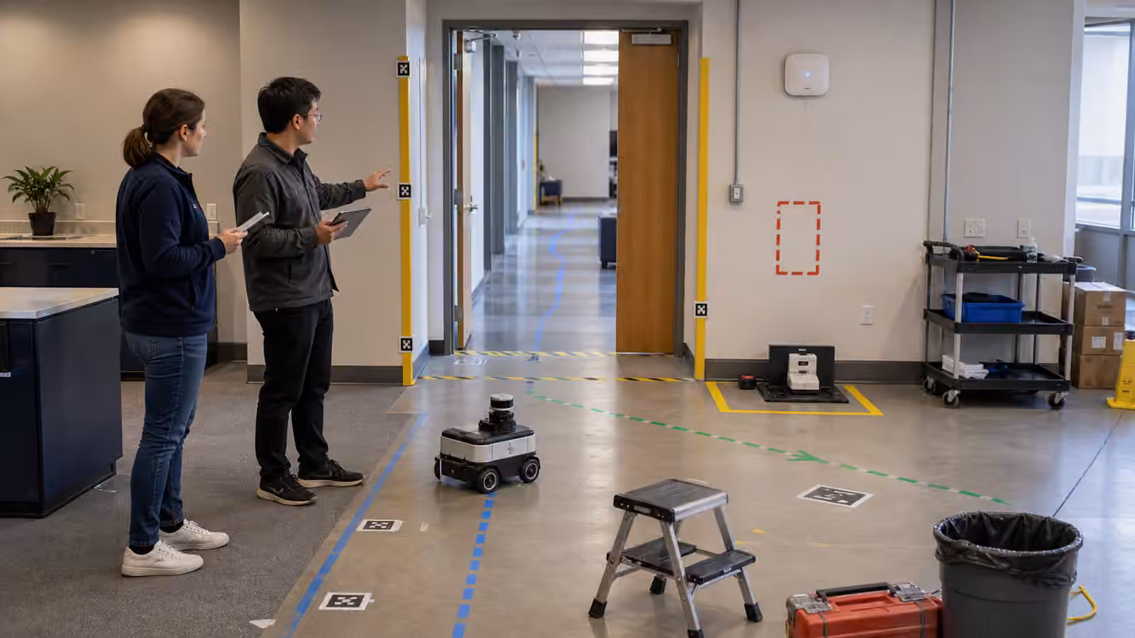 A facility readiness walkthrough with floor tape, doorway markers, a charging mockup, clutter hazards, and a compact robot