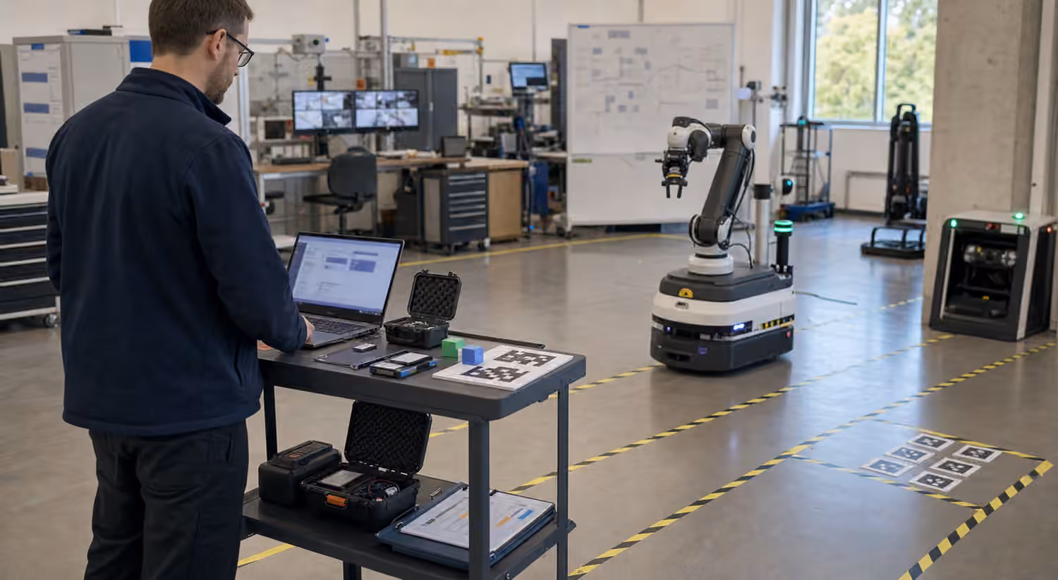 A technician validating a mobile robot and robot arm after a software update in a taped robotics test lane.