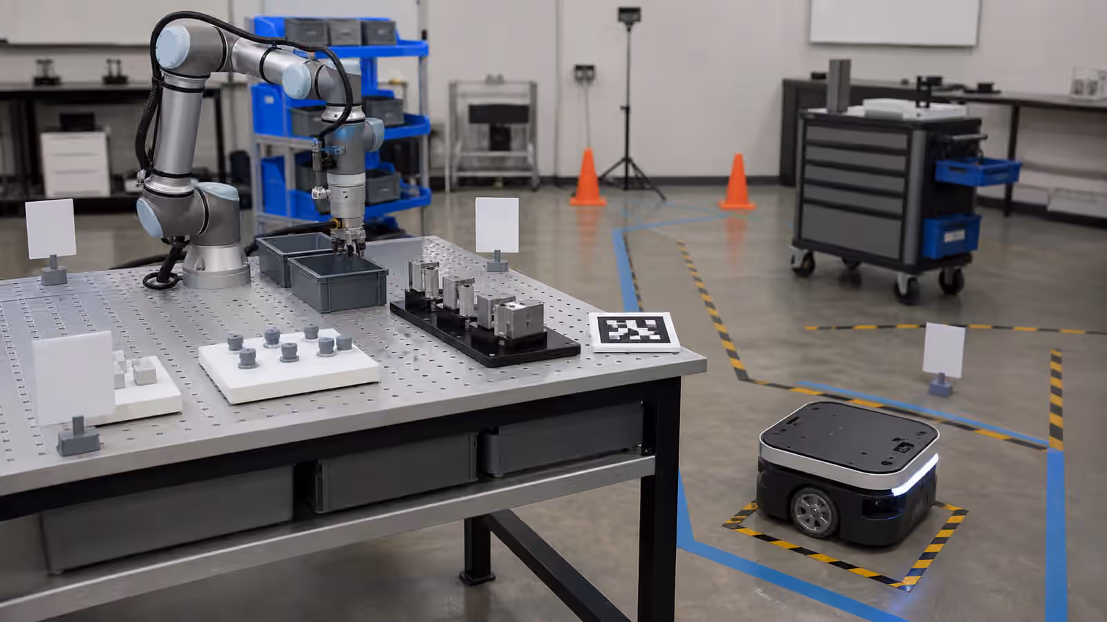 A robot arm and mobile robot in a lab test area with trays, fixtures, floor tape, and blank task markers.