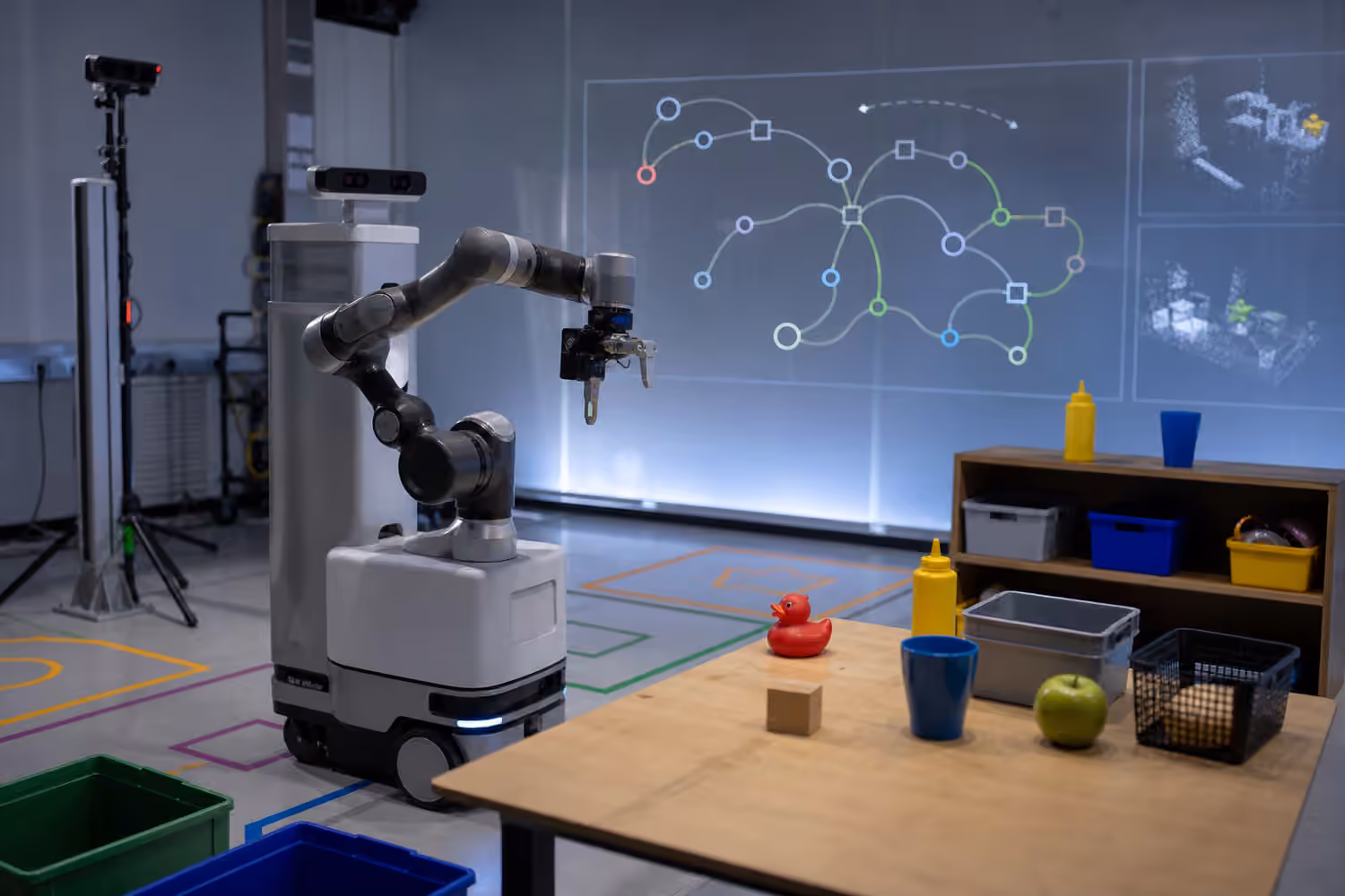 A mobile manipulator planning a tabletop task in a robotics lab with objects, bins, shelves, cameras, and an abstract path diagram.